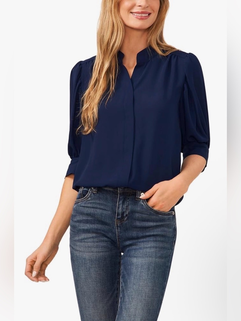 CeCe Navy Puff-Sleeve Split-Neck Blouse